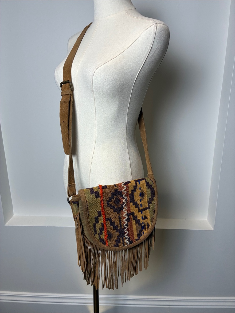 Vintage Tan Suede Fringe Crossbody with Multicolor Tribal Weave